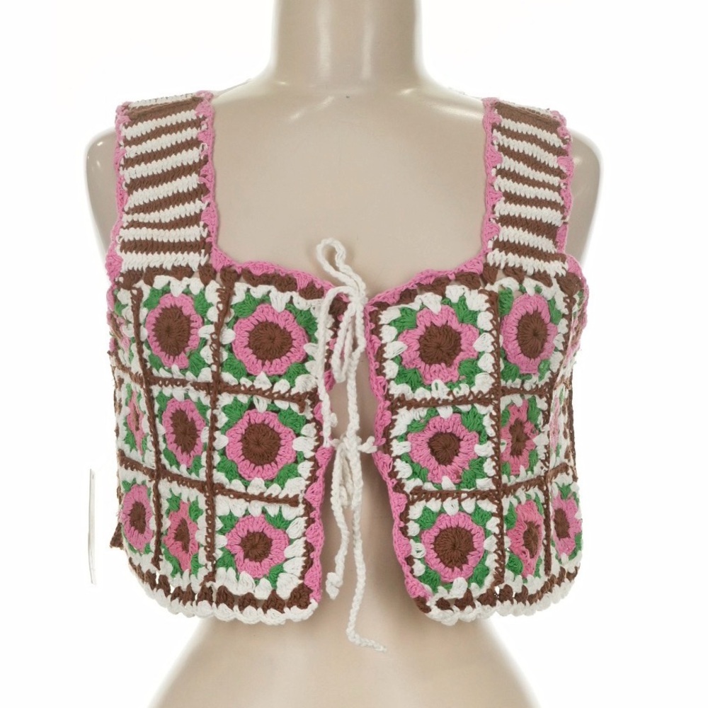 Anthropologie Maeve Crochet Granny Square Vest Reversible Tie Front NWT - Picture 5 of 7